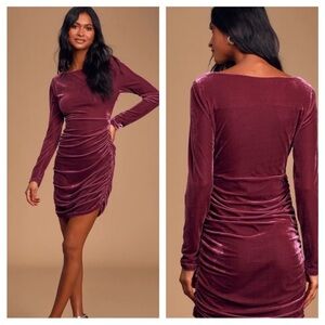 Lulus True Heart Mauve Purple Velvet Ruched Long Sleeve Bodycon Dress!